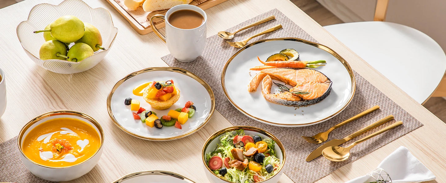 Ensemble Assiettes Tasses & Bols Blanc Bordure Doré