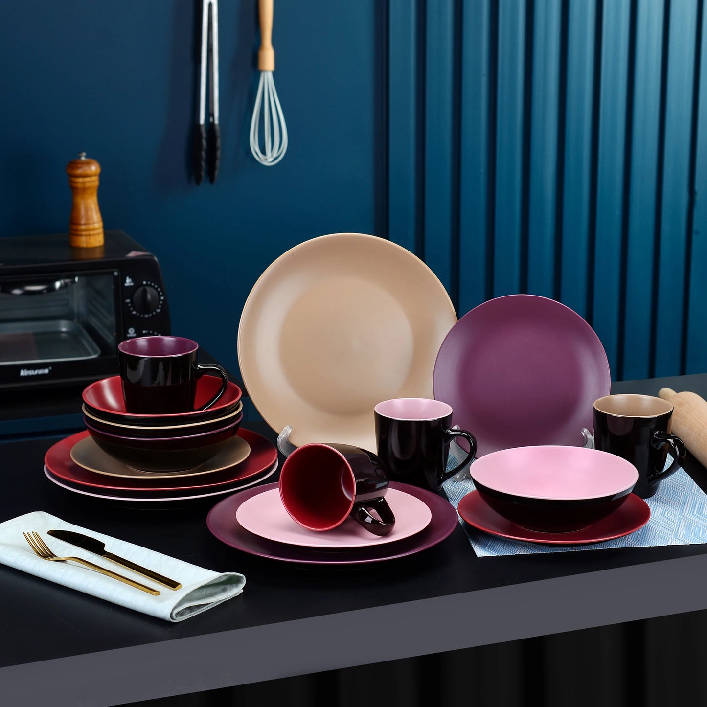 Ensemble Assiettes Tasses & Bols ronds Bi-chromatique