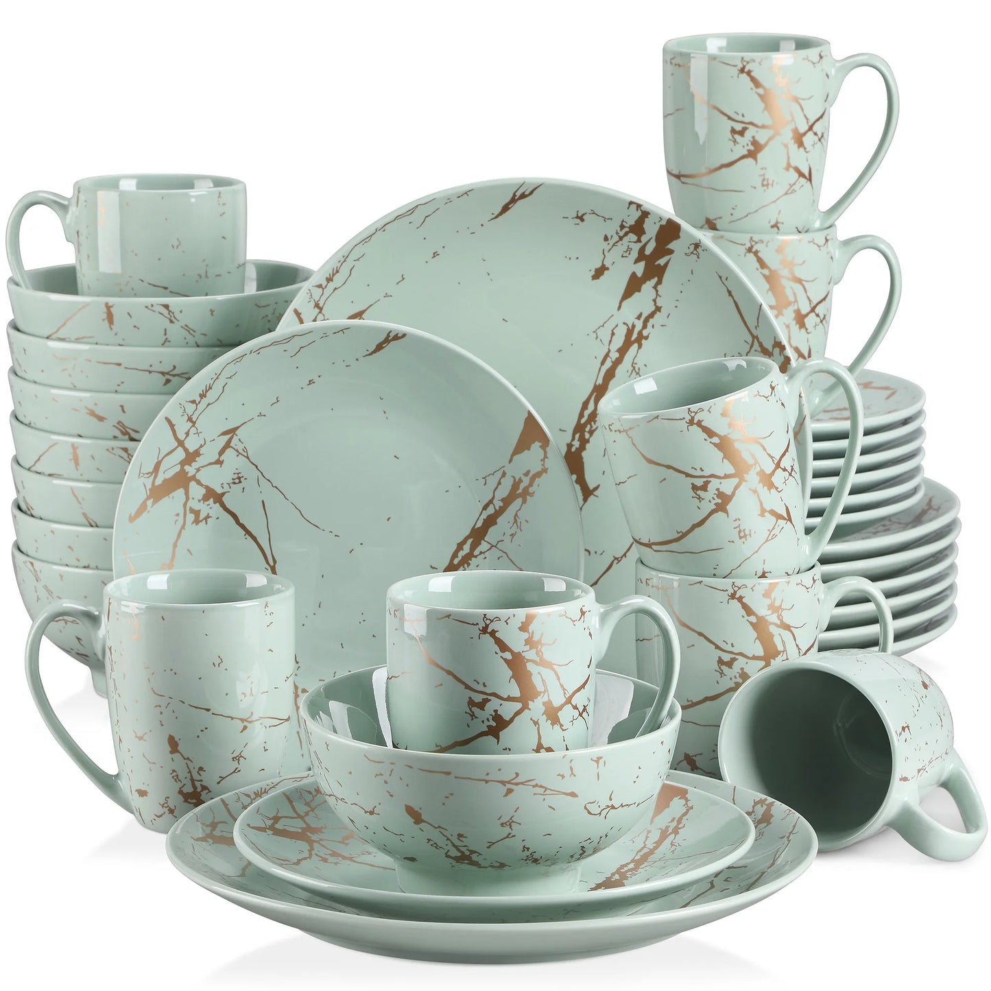 Ensemble Assiettes Tasses & Bols Vert Pâle Marbelé