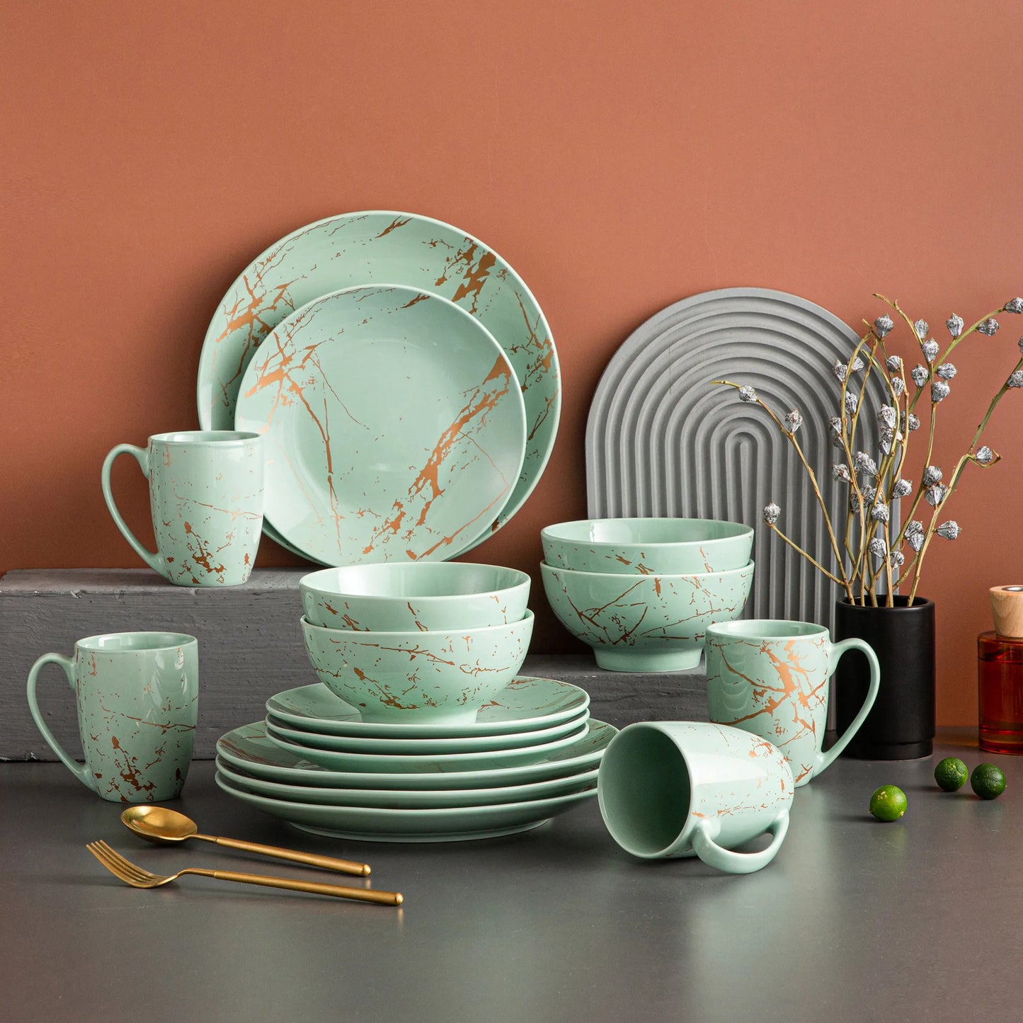 Ensemble Assiettes Tasses & Bols Vert Pâle Marbelé