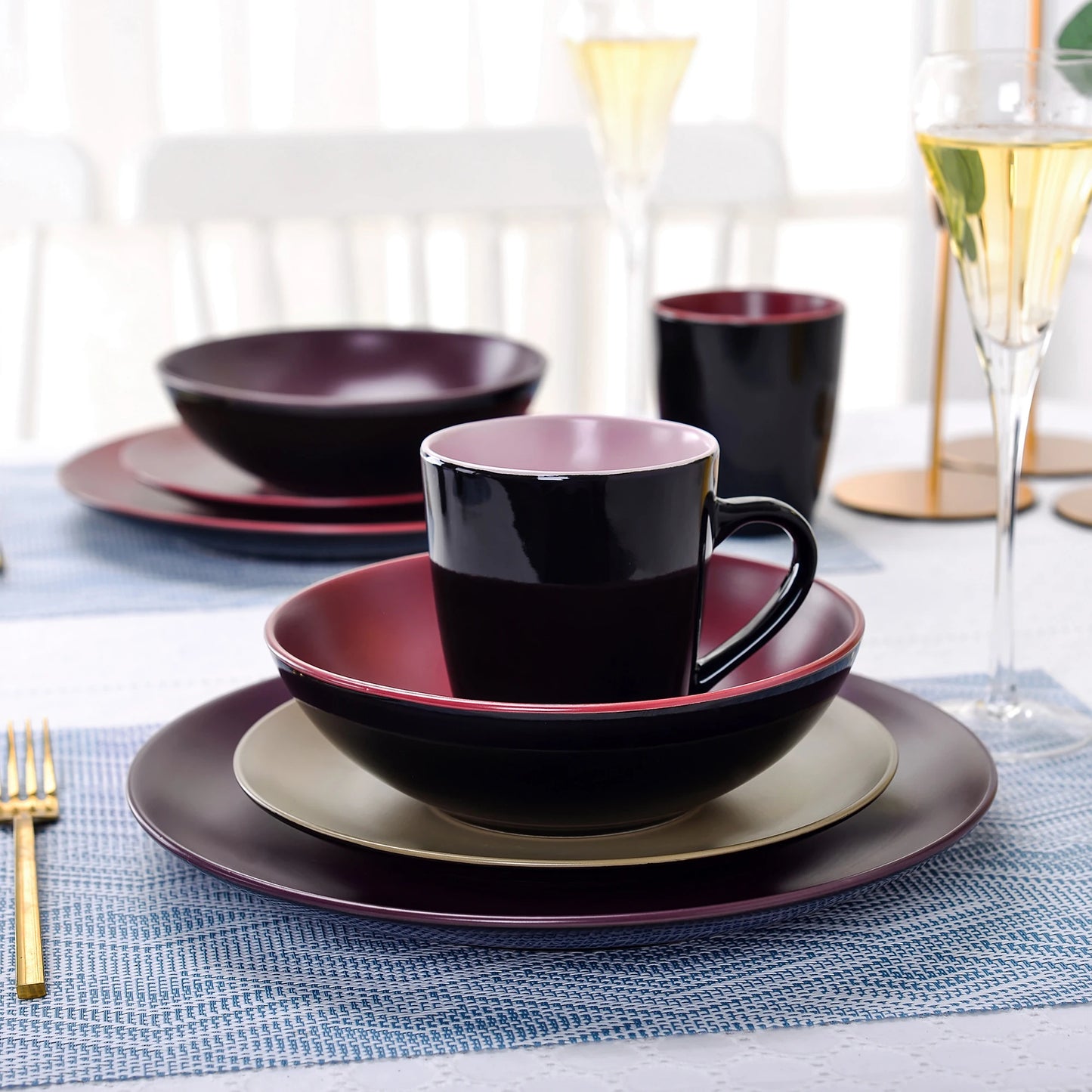 Ensemble Assiettes Tasses & Bols ronds Bi-chromatique