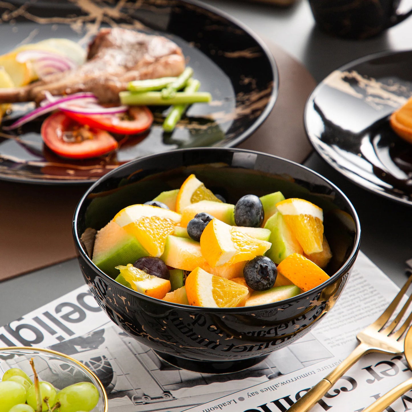Ensemble Assiettes Tasses & Bols Noir Marbelé