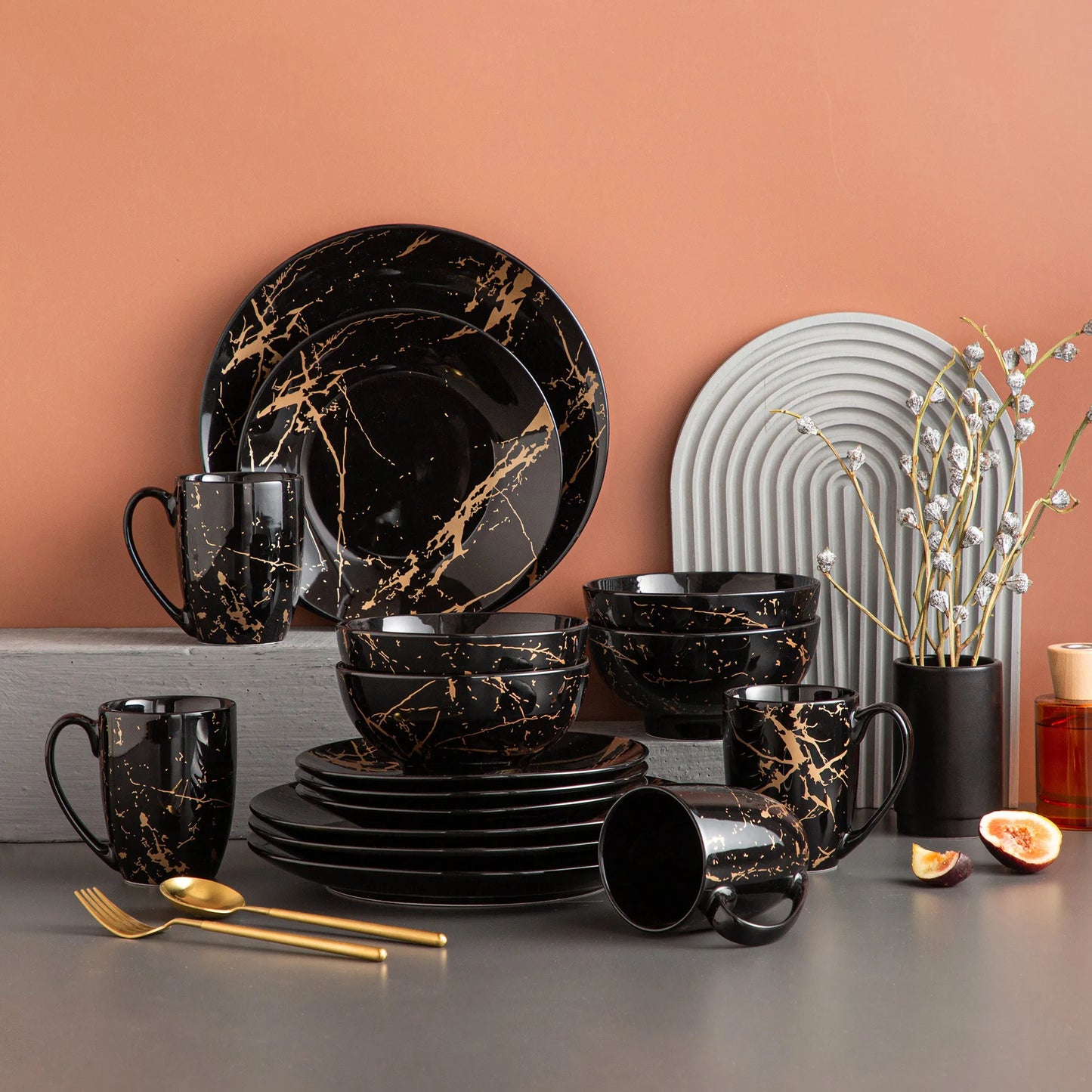 Ensemble Assiettes Tasses & Bols Noir Marbelé
