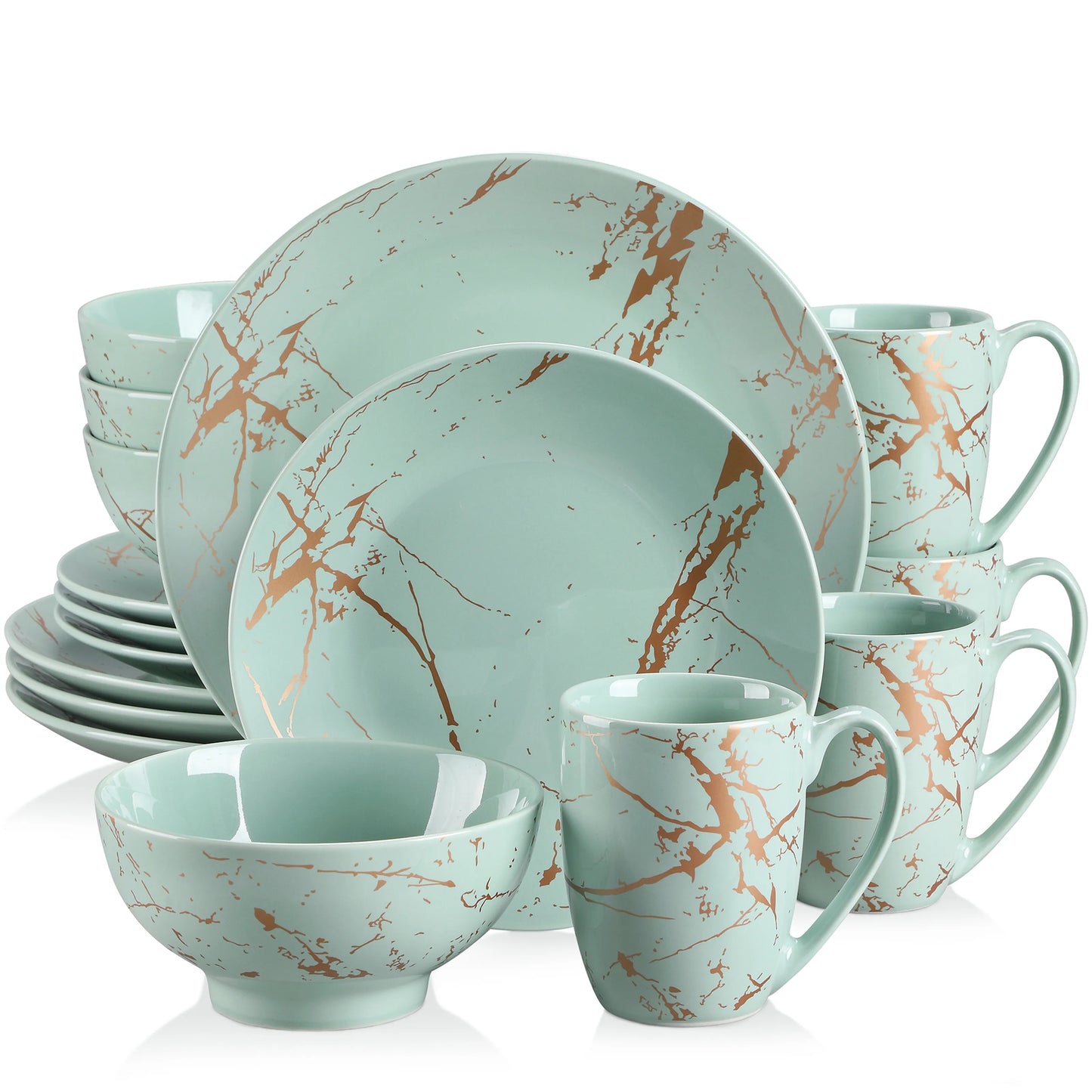Ensemble Assiettes Tasses & Bols Vert Pâle Marbelé